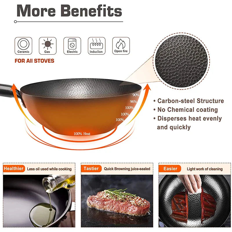 NNEOBA 32cm Carbon Steel Wok with Wooden Lid Flat Bottom Non-Stick Black