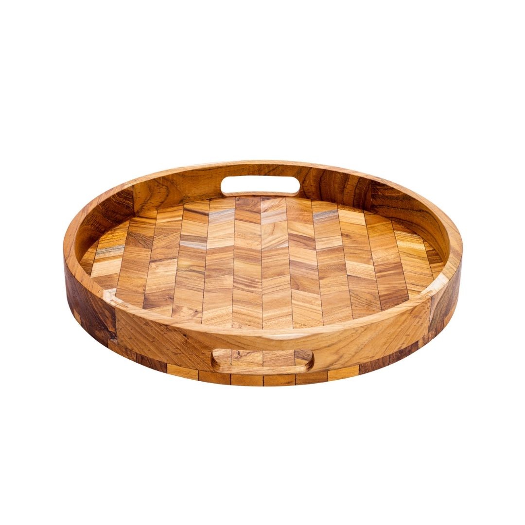 Herringbone Pattern Round Wooden Serving Tray