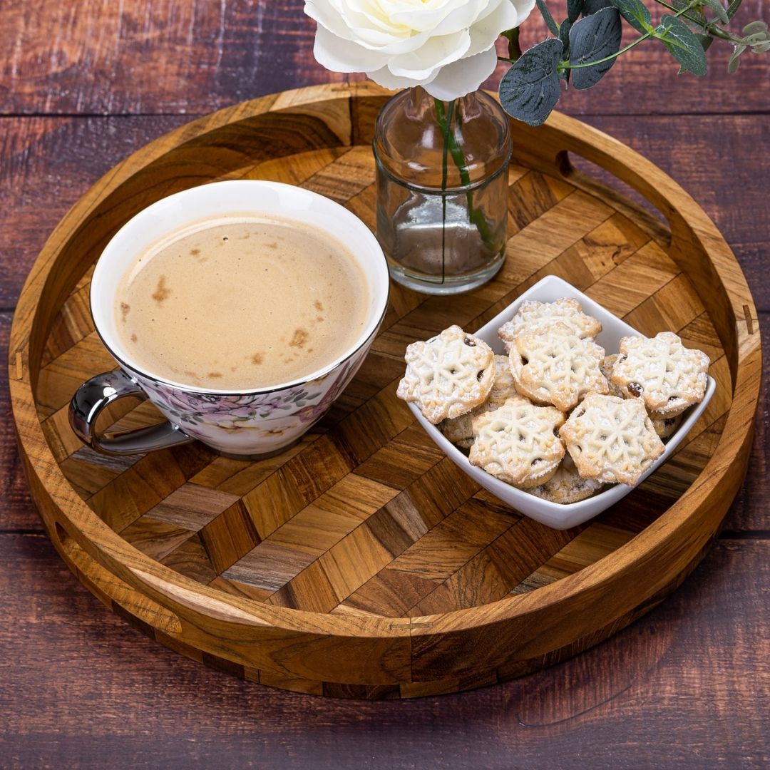 Herringbone Pattern Round Wooden Serving Tray