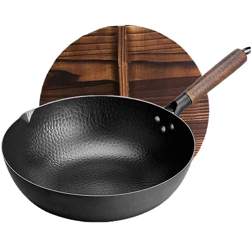 NNEOBA 32cm Carbon Steel Wok with Wooden Lid Flat Bottom Non-Stick Black