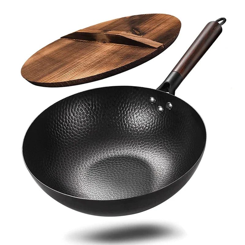 NNEOBA 32cm Carbon Steel Wok with Wooden Lid Flat Bottom Non-Stick Black
