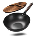NNEOBA 32cm Carbon Steel Wok with Wooden Lid Flat Bottom Non-Stick Black